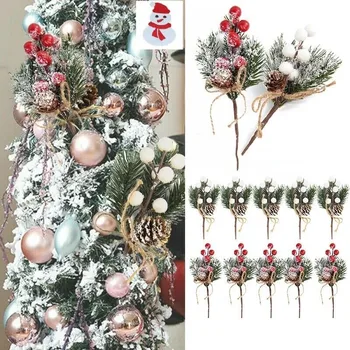 12шт изкуствени борови клони Коледна украса за Коледната елха със собствените си ръце, Сватба парти, начало декор, изкуствени червено-бели ягодоплодни растения