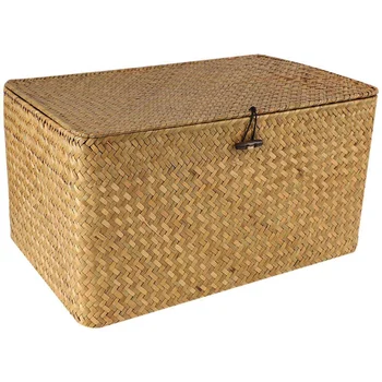 3X Ракита сламена кошница за ръчна работа с капак, органайзер за грим, кошница за дрехи от морска трева, ратанови ковчег за украса (L)