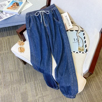 6140 Сезон: Пролет-лято, новите модни дамски обувки с еластична гумена лента за кръста, обикновена реколта сини дънкови панталони, женски удобни дънки-зреещи панталони