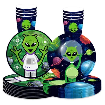 8шт Зелени комплекти прибори за хранене Тема Извънземни Космически кораб Хартиени Чинии, Чаши, Салфетки честит Рожден Ден на Чужденец Декор за парти в чест на момчетата