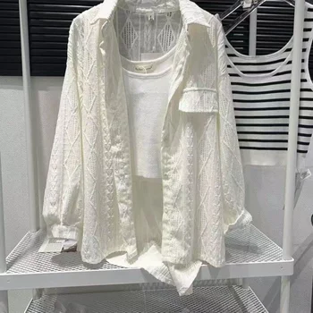 DAYIFUN Блузи с цветя модел на куката, женски Бели блузи с ревера и дълъг ръкав, пролет-лято Ежедневните Свободни ризи, с Нови Върхове