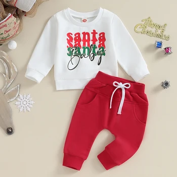 KMBANGI Коледни дрешки за малки момчета с букви, hoody, пуловер, панталони на съвсем малък, Коледен комплект от 2 теми, есенно-зимни дрехи