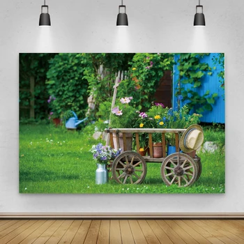 Laeacco Пролетната градина, Зелена трева, поляна, Дървена количка за цветя, Живописен снимков фон, Фон за фото студио