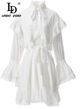 LD LINDA DELLA 2023 Ново Модно Дизайнерско Лятото Мини рокля Жена с изгорени ръкави, Волани, с колан, Бяло Кратко Вечерна рокля