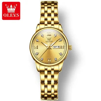 OLEVS 5525 Ежедневни дамски часовник с каишка от сплав, водоустойчиви висококачествени кварцов мъжки часовник с дисплей календар седмица