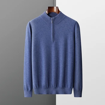 RONGYI 100% Козе вълнен пуловер Мъжки пуловер с полувысоким яка Есен Зима Вязаная яке с дълъг ръкав Монофонични топ