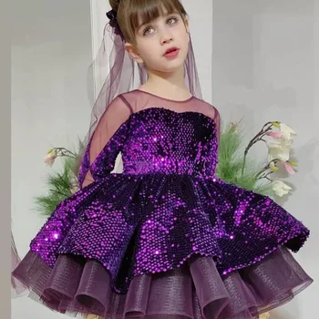 Бална рокля на принцеса с лилави искри за момичета, Детски Елегантни вечерни буйни рокли за Рожден Ден y1113