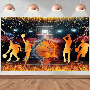 Баскетболен тематичен фон Баскетболен фон за снимки тийнейджъри Декорация на партита Спортна тема Банер на рожден Ден Десерт маса