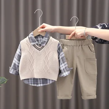 Бутик за дрехи за най-малките момчета от 1 до 2 години, вязаный жилетка без ръкави с V-образно деколте + ризи в клетката + панталони, 3 броя, комплект дрехи за момчета, комплект детски дрехи