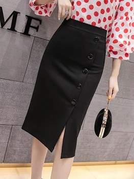 Дамски зимни офис Черна пола 2023, Модни Червена пола с дължина до коляното с висока талия, Корейски дрехи, секси пола-молив копчета