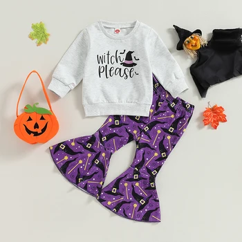Дрехи За малките момичета за Хелоуин, hoody с дълги ръкави и принтом шапки на вещици и пурпурни ластични панталони-клеш, есен облекло от 2 теми