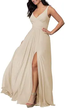 Дълга рокля на шаферка с V-образно деколте цвят шампанско, проста шифоновая пола-trapeze, официална вечерна рокля с цепка на гърба