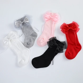 Дълги чорапи за новородени момичета, обикновена чорапи принцеса с пискюли и голям лък, пролетни сладки чорапогащи над коляното