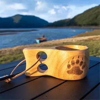 Дървена чаша за къмпинг - преносим чаша за вода са ръчно изработени в японски стил със защита от изгаряне | с дръжка и ле