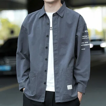 Ежедневна риза с дълъг ръкав, мъжки памук Жилетка в стил мозайка, Черно Мъжко облекло в стил харадзюку, Модни Корейски дрехи