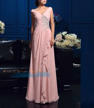 Елегантни рокли за майката на булката от розов шифон с дълбоко V-образно деколте дължина до пода за сватбени партита/гости на сватба за жени