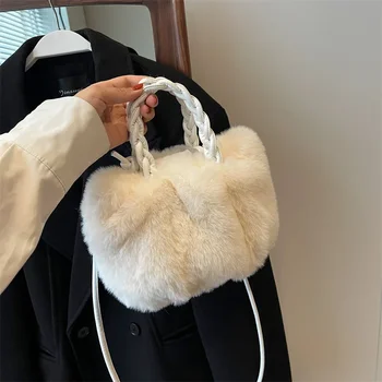 Есенно-зимни нова дамска чанта, модерен плюшен чанта през рамо, индивидуалност, сгъване на ръка, плюшен чанта-облак, чанти