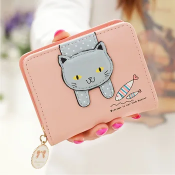 Жена чантата със сладък котка, малка чантата си, за момичета с цип, брендовый женски портфейл от изкуствена кожа, дамски портфейл-държач за карти
