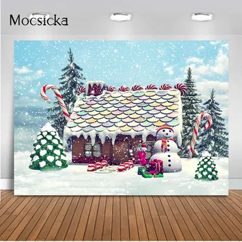 Зимна снежна фон във формата на пряничного къща за фотография, Коледен снежен свят, на фона на фото студио, детски портрет