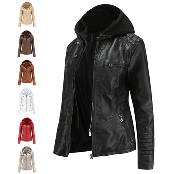Кожено яке от изкуствена кожа с качулка, преносимо дамско пролетно-есенни палта голям размер, дамско палто голям размер