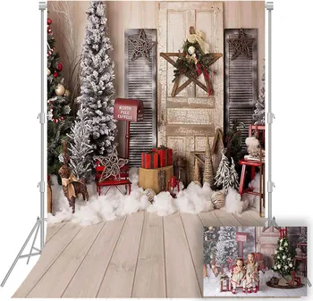 Коледен селски дървен фон за фото студио, фотобудка, за новородени, Коледна елха за фото студио