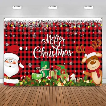 Коледен фон, банер, Дядо Коледа, Елен, украса за партита, Фотография, на Коледа, Черно и червено, в клетката