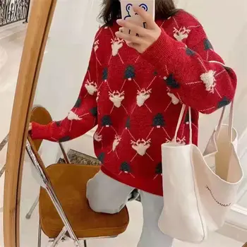 Коледен червен пуловер женски зима 2023 дамски корейската версия пуловери свободно намаляване на есенно-зимния пуловер пуловер