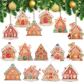 Коледен Човечето къща Украшение Дървени орнаменти за Пряничного къща Подвешивание на дървото Коледен Рисувана Дървена къщичка за Окачване Декор