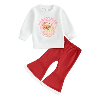 Коледни разкроена костюми за малките момичета, блузи с Дядо Коледа, разкроена панталони, комплект зимни дрехи за момичета