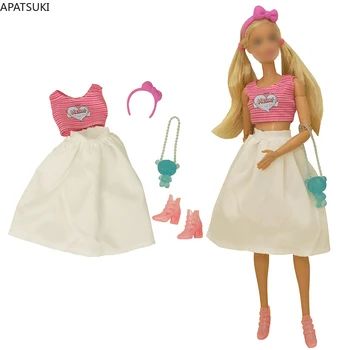 Комплект дрехи в розова ивица за Барби кукли, аксесоари 1/6, кратък топ без ръкави, Бяла пола, Чанта, Обувки, лента за коса, играчки