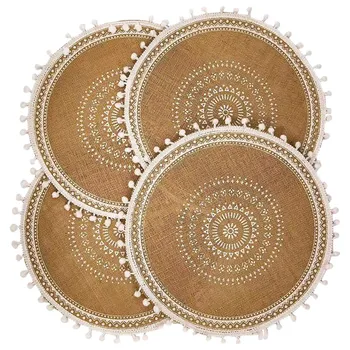 Комплект кръгли салфетки от 4 тъкани джутовых постелки в стил бохо с пискюл-помпоном за декор на кухненската маса в трапезарията