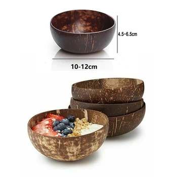 Комплект купички от естествен кокос, Декоративни съдове от черупката на кокосов орех ръчно изработени, Дървени лъжичка Десерт плодова салата 10 см.-12 см