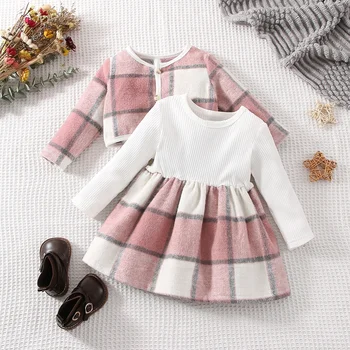 Комплект от 2 теми за есен/зима за малко момиче, милото ежедневното модно топло и комфортно в розово-бяло палто в клетката + рокля с дълъг ръкав, детски костюм