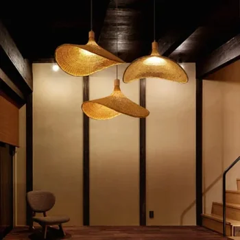 Креативен дизайн на Бамбук Ратан Голяма Сламена шапка, Окачена лампа, Окачена лампа за баня хол кухня осветление