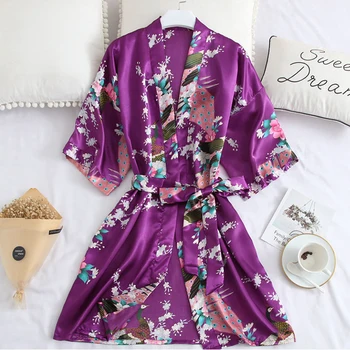 Лилав халат голям размер 3XL, женствена рокля-кимоно, Сексуална домашни дрехи за почивка, интимно бельо, Сватбена рокля, Свободна пижама с принтом Павлина