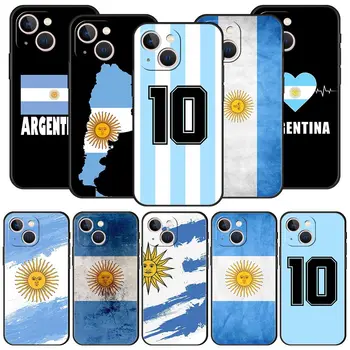 Луксозен Калъф За Телефон iPhone 11 12 13 14 15 Pro Max X XR XS 7 8 Plus SE 2020 Черна Мека Корица Funda Argentina Flag Soccer 10