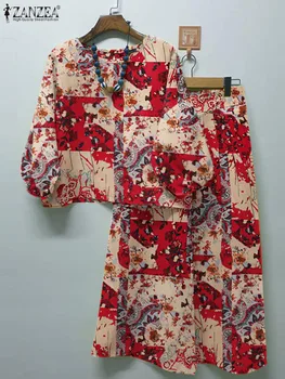 Лятна блуза, с 3/4 ръкави, костюми с широки панталони, 2 броя, комплекти, панталони ZANZEA в ретро стил с флорални принтом, дамски ежедневни комплекти са в тон, комплекти Outifits
