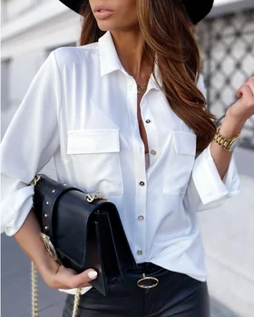 Модерна дамска блуза с дълъг ръкав и джоб копчета, всекидневни отложной яка, тясна ежедневни офис риза, топ