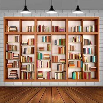 Модерна дървена лавица за книги Фон за снимки на книги в книжарница шкаф Фотозумирование Фон за провеждане на видео конферентна връзка Домашен офис