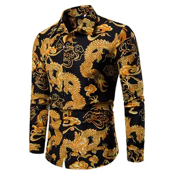 Мъжка риза в китайски стил с отложным яка и принтом на могъщия дракон, пролет тениска, мъжки ризи с изображение на дракон, риза и жилетка