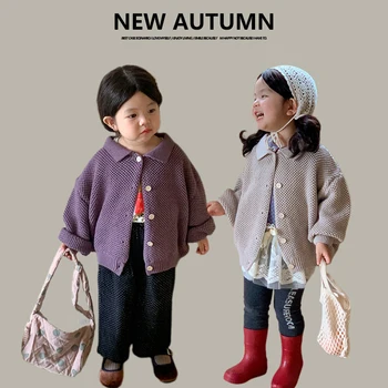 На зимните деца, есен-пролет за малки момичета, однотонная вязаная горна дреха с дълги ръкави, палто, жилетка за малки момичета, пуловер 1-7 години