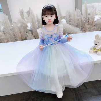 Ново Детско Пролетта рокля с дълги ръкави 2023 г., Рокля на Принцеса Айши, Буйна Окото Розова пола с цветен Модел За момичета