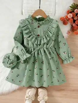 Ново есенно-зимния бебешка рокля с вельветовым цветисти принтом и завързана торба с дълги ръкави за момичета 2023 г., бебешка рокля от 4 до 7 години
