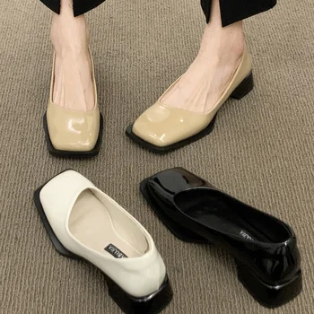 Новост Пролетта 2022 г., Дамски Обувки-лодка Без закопчалка на високо средно на Квадратен ток, Дамски Елегантни Офис Модела обувки Zapatillas Mujer