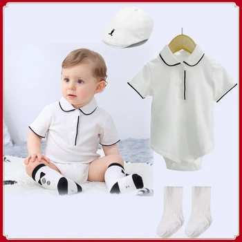 Облекло за новородени момчета, детски бял гащеризон-с къси ръкави за момче, жилетка, плъзгачи, боди за фотосесия на първия рожден ден на бебето.