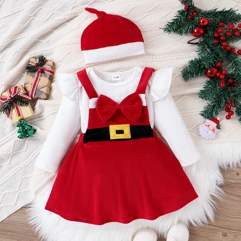 Облекло на Дядо Коледа за новородени момичета, Монофонични гащеризон с дълги ръкави, без ръкави рокля с лък, Шапчица с завязками