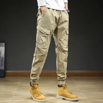 Панталони-карго Мъжки сафари, Ежедневни панталони с много джобове, мъжки памучни панталони с еластичен ластик на талията, Обикновена панталони цялата дължина на военната стил