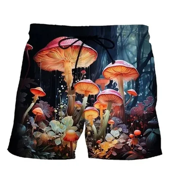 Плажни шорти с 3D печат Plants Mushroom За мъже, ежедневни летни шорти за сърф дъска, на Хладно Градинска широки дрехи, с къси панталони