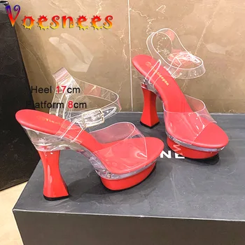 Прозрачни дамски сандали от PVC на висок ток и платформа за нощен клуб 17 см Летни вечерни обувки-лодка за танци върху поле за отстраняване на бои
