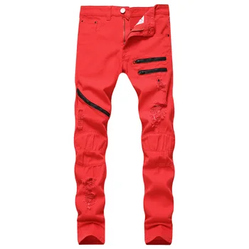 Пролетни Нови Модни мъжки дънкови панталони с дупки, модни скъсани червени дънки, хип-хоп Реколта тесни дънки, мъжки ежедневни дънки с ципове, Homme